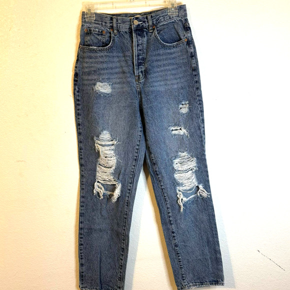 PACSUN Women's Dad Jeans‎ Size 27 Distressed Knees Button Fly Medium Wash - Picture 1 of 7